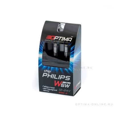 Светодиодная лампа Optima Premium W5W (T10) PHILIPS Chip 2 белая (1шт.)